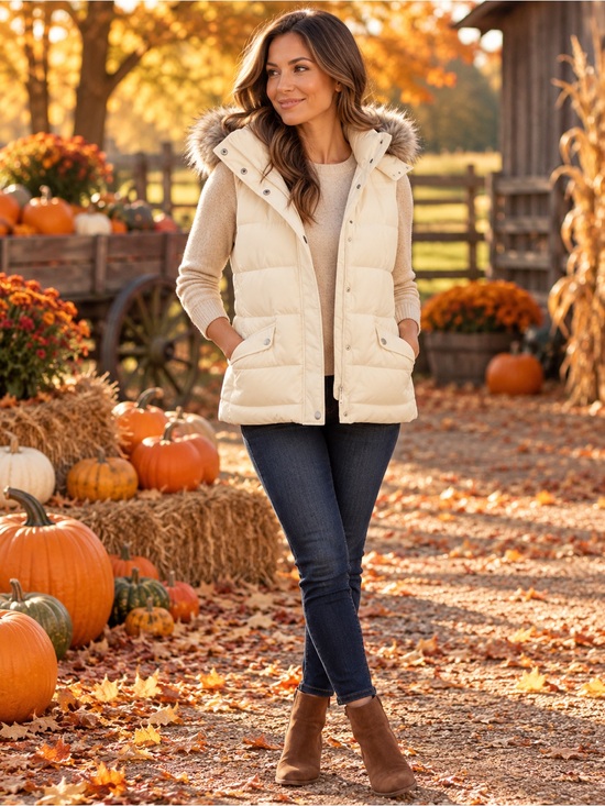 Talbots Jackets & Blazers - New Talbots Cream Quilted Hooded Puffer Vest with Faux-Fur Trim